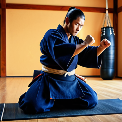 Home 11 **
A kendo practitioner performing a deep squat with a focused expression. Emphasize lower body strength and balance. Gym setting with kendo equipment visible in the background.
**