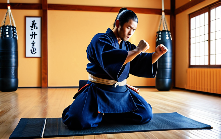 **

A kendo practitioner performing a deep squat with a focused expression. Emphasize lower body strength and balance. Gym setting with kendo equipment visible in the background.

**
