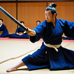 **

A kendo practitioner in mid-motion during a match. Focus on the footwork, showing agility and balance. Emphasize the connection between the feet, legs, and the upward motion transferring power to the sword. The scene is well-lit, capturing the intensity and focus of the kendoka. Traditional kendo attire is essential. The background should be a dojo setting, subtly blurred to keep the focus on the subject.

**