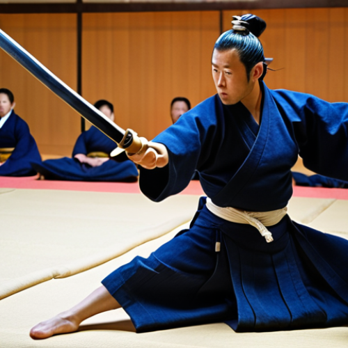 Home 6 **
A kendo practitioner in mid-motion during a match. Focus on the footwork, showing agility and balance. Emphasize the connection between the feet, legs, and the upward motion transferring power to the sword. The scene is well-lit, capturing the intensity and focus of the kendoka. Traditional kendo attire is essential. The background should be a dojo setting, subtly blurred to keep the focus on the subject.
**