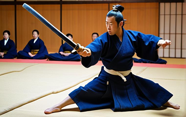 **

A kendo practitioner in mid-motion during a match. Focus on the footwork, showing agility and balance. Emphasize the connection between the feet, legs, and the upward motion transferring power to the sword. The scene is well-lit, capturing the intensity and focus of the kendoka. Traditional kendo attire is essential. The background should be a dojo setting, subtly blurred to keep the focus on the subject.

**