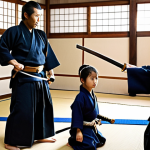 **

"A family practicing Kendo together in a dojo. Wooden swords, focused expressions, strong family bond, traditional Japanese setting."

**