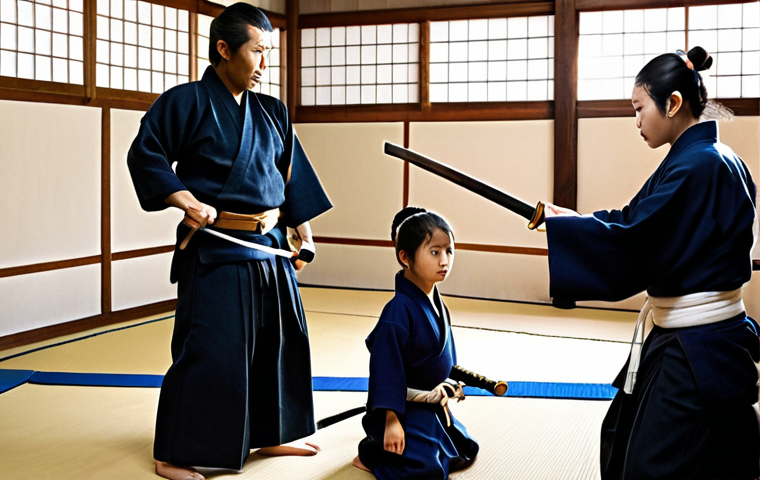 **

"A family practicing Kendo together in a dojo. Wooden swords, focused expressions, strong family bond, traditional Japanese setting."

**
