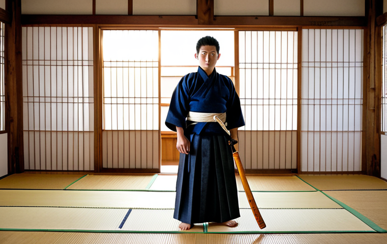 **

"A Kendo student, fully clothed in traditional Kendo uniform (Kendo Gi and Hakama), holding a shinai (bamboo sword) in a dojo.  The dojo has traditional Japanese architecture with wooden floors and soft lighting. Focused and determined expression. Safe for work, appropriate content, professional quality, perfect anatomy, natural pose, modest attire, well-formed hands, proper finger count."

**