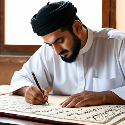 Home 12 **Image:** A professional Arabic calligrapher carefully writing on parchment in a traditionally decorated studio.
**Prompt:** "A skilled Arabic calligrapher in traditional, modest clothing, carefully writing elegant script with a qalam on parchment. The studio is filled with books and art supplies, illuminated by soft, natural light. Perfect anatomy, correct proportions, natural pose, well-formed hands, proper finger count, professional photography, high quality, appropriate content, fully clothed, professional, safe for work."