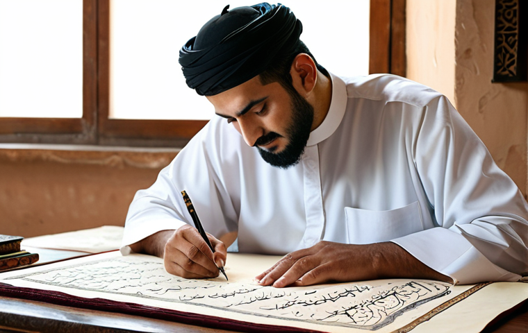 **Image:** A professional Arabic calligrapher carefully writing on parchment in a traditionally decorated studio.
    **Prompt:** "A skilled Arabic calligrapher in traditional, modest clothing, carefully writing elegant script with a qalam on parchment. The studio is filled with books and art supplies, illuminated by soft, natural light. Perfect anatomy, correct proportions, natural pose, well-formed hands, proper finger count, professional photography, high quality, appropriate content, fully clothed, professional, safe for work."