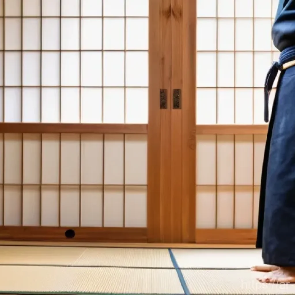 검도 레슨 후기 - **Prompt:** A serene and focused young adult Kendo practitioner, dressed in a traditional, crisp nav...