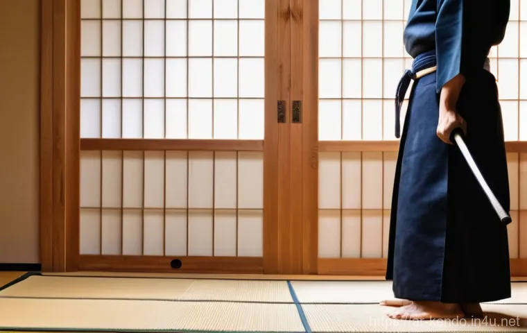 검도 레슨 후기 - **Prompt:** A serene and focused young adult Kendo practitioner, dressed in a traditional, crisp nav...