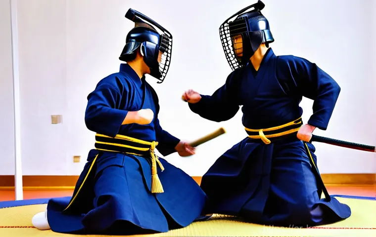 검도 레슨 후기 - **Prompt:** A serene and focused young adult Kendo practitioner, dressed in a traditional, crisp nav...