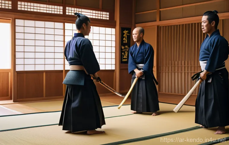 검도 레슨 후기 - **Prompt:** A dynamic and intense scene featuring two Kendo practitioners (adults) in the midst of a...