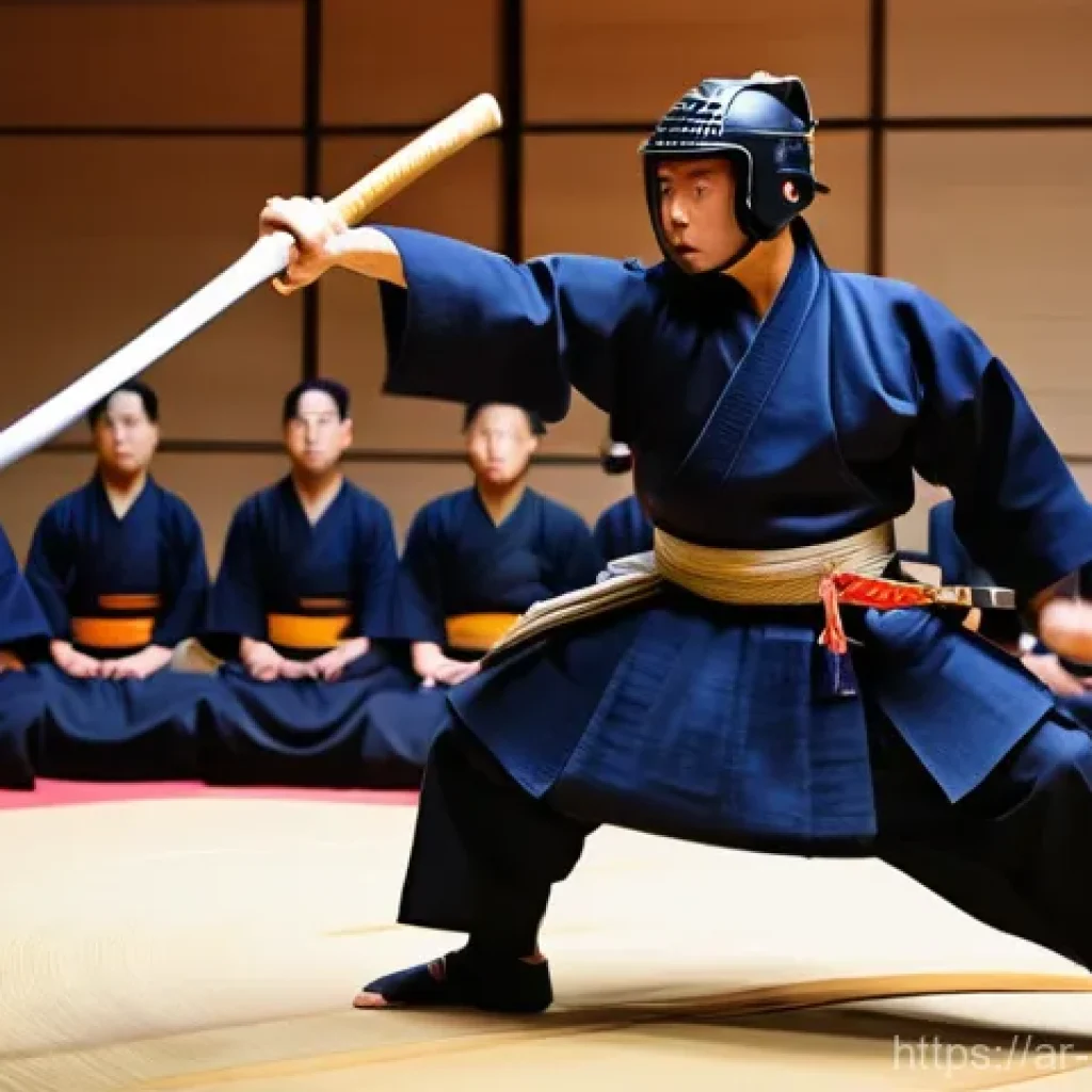검도 대회 라이브 방송 - **Prompt 1: Immersive Kendo Action - Front Row Experience**
"A male Kendo practitioner, mid-acti...