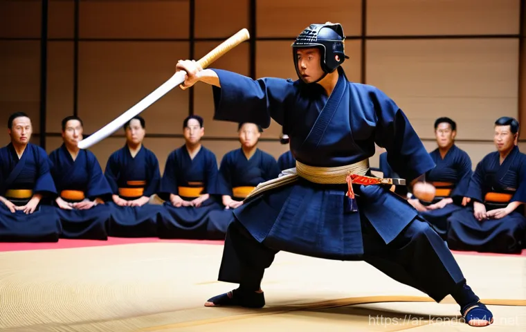 검도 대회 라이브 방송 - **Prompt 1: Immersive Kendo Action - Front Row Experience**
"A male Kendo practitioner, mid-acti...
