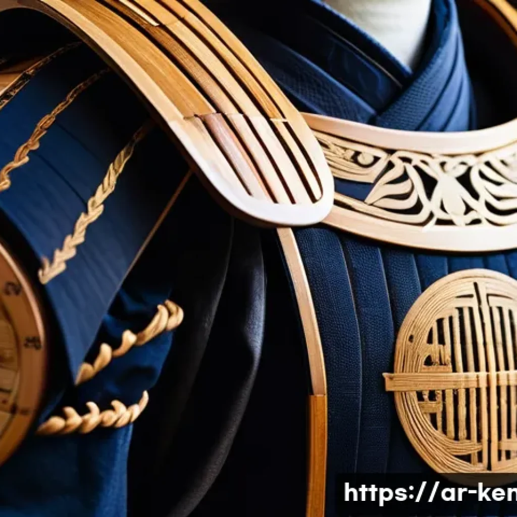검도 한정판 제품 - A highly detailed close-up of a limited edition Kendo armor set, featuring finely crafted bamboo woo...