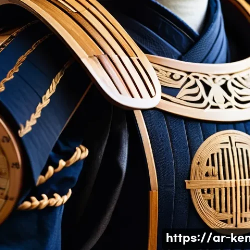 Home 13 검도 한정판 제품 - A highly detailed close-up of a limited edition Kendo armor set, featuring finely crafted bamboo woo...