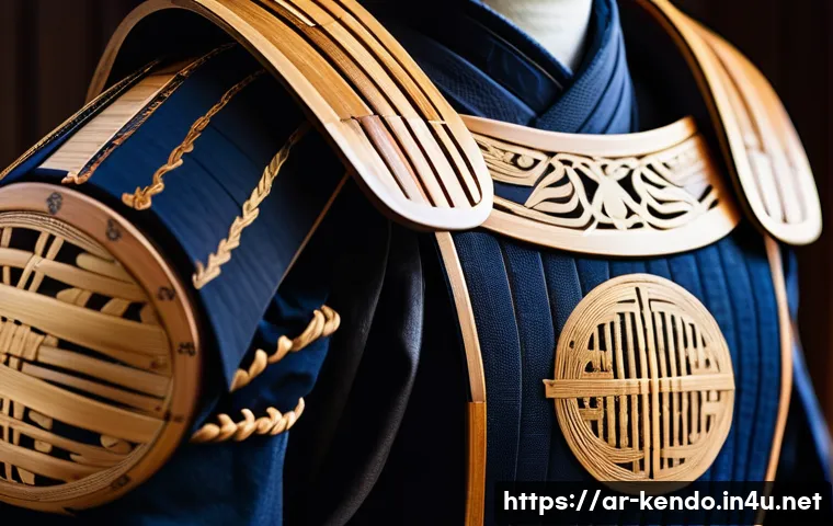 검도 한정판 제품 - A highly detailed close-up of a limited edition Kendo armor set, featuring finely crafted bamboo woo...