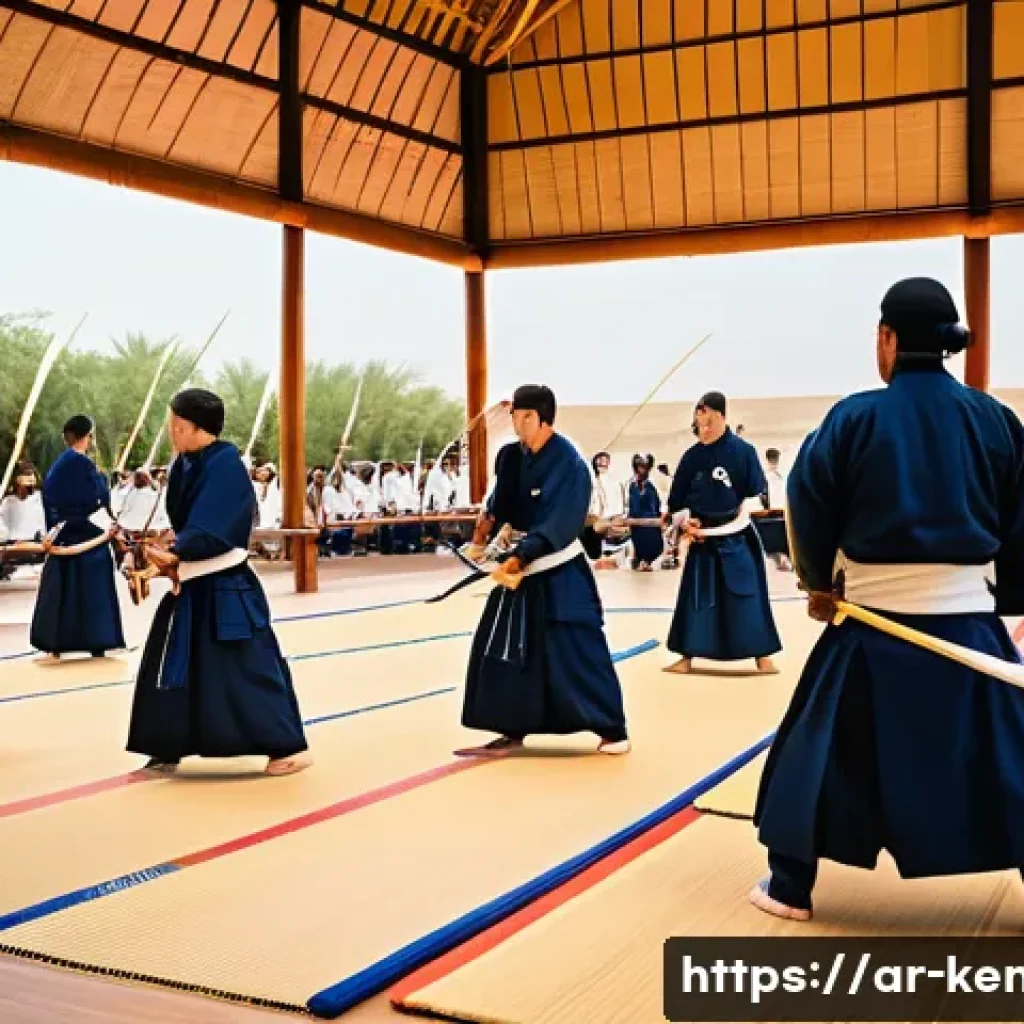 검도 행사 및 이벤트 - A vibrant summer Kendo festival scene in Riyadh, Saudi Arabia, featuring a diverse group of particip...