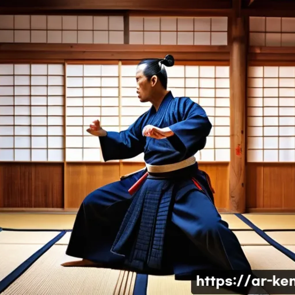 검도 기합의 중요성 - A focused Kendo practitioner in traditional dark blue bogu armor, performing a powerful kiai shout d...