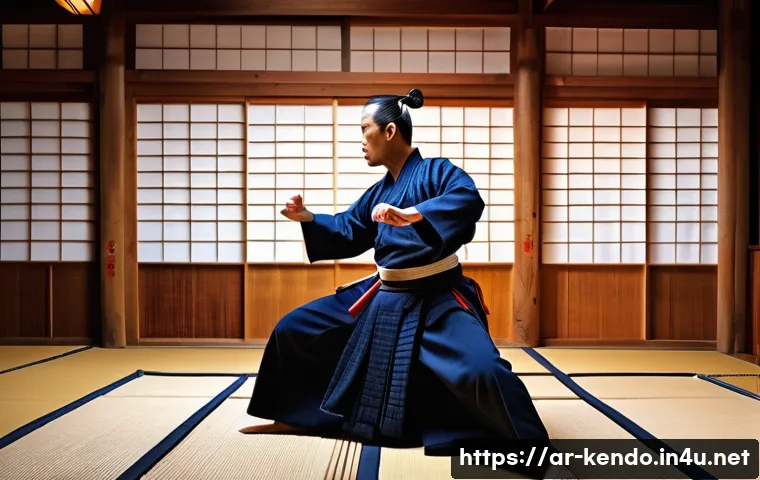 검도 기합의 중요성 - A focused Kendo practitioner in traditional dark blue bogu armor, performing a powerful kiai shout d...