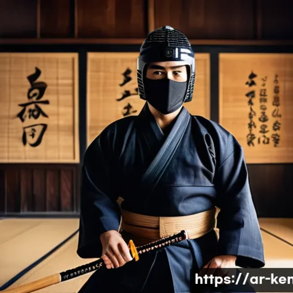 검도와 자기계발 - A focused young Arab man practicing Kendo in a traditional dojo setting, wearing full protective gea...