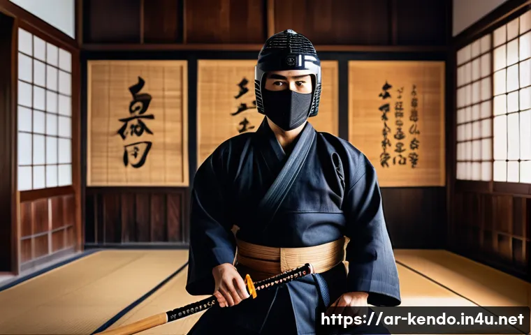 검도와 자기계발 - A focused young Arab man practicing Kendo in a traditional dojo setting, wearing full protective gea...
