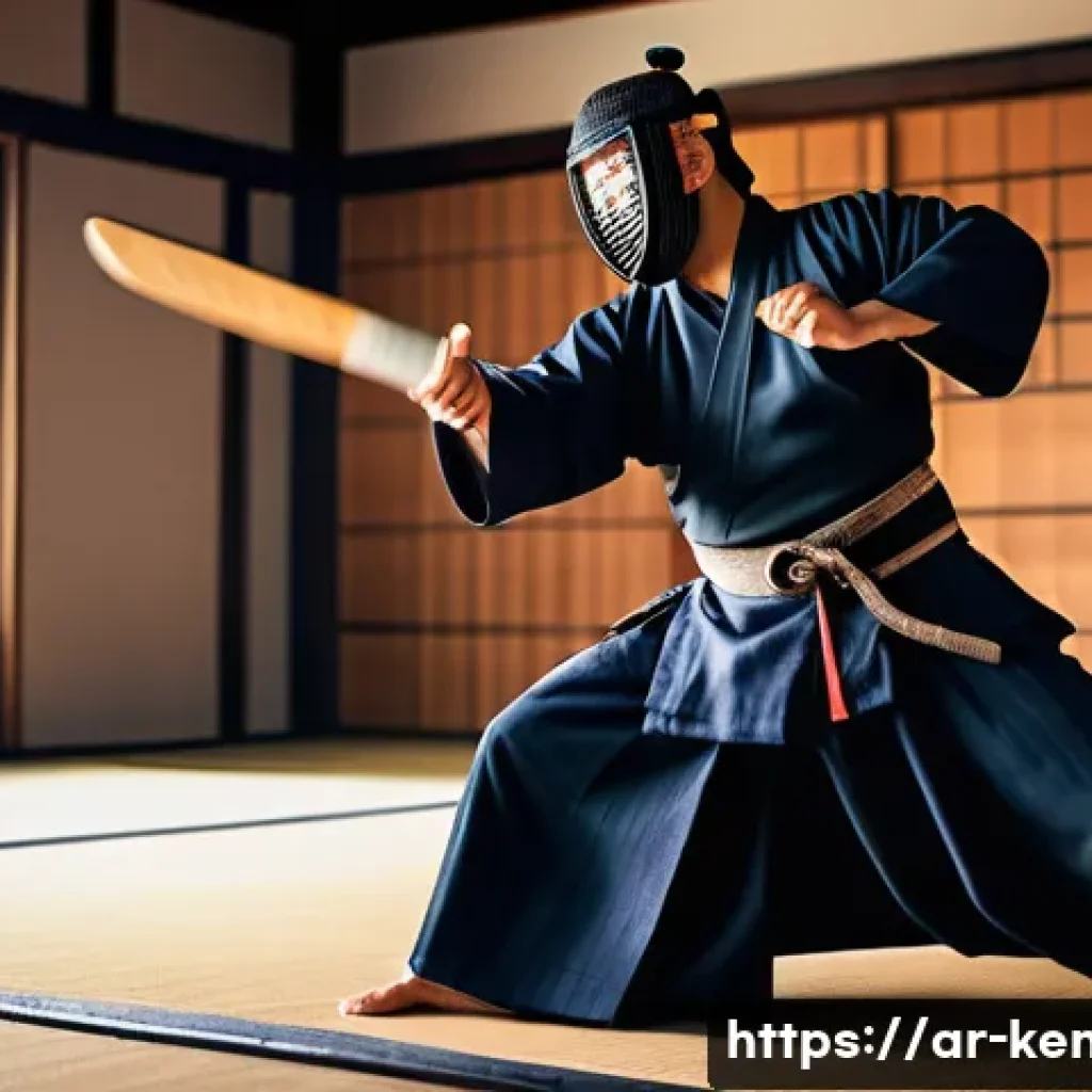 검도 실력 측정 방법 - A skilled male Kendo practitioner in traditional armor, poised in a balanced stance on a polished wo...