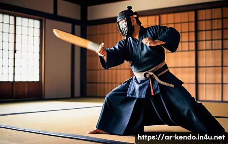 검도 실력 측정 방법 - A skilled male Kendo practitioner in traditional armor, poised in a balanced stance on a polished wo...