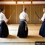 검도 검 선택 요령 - A traditional kendo dojo scene with a group of diverse adult practitioners wearing full kendo armor ...