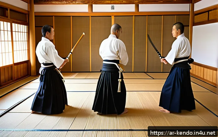 검도 검 선택 요령 - A traditional kendo dojo scene with a group of diverse adult practitioners wearing full kendo armor ...