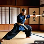 검도 기본 동작 연습법 - A focused young Arab male kendo practitioner wearing traditional kendo armor and uniform, practicing...