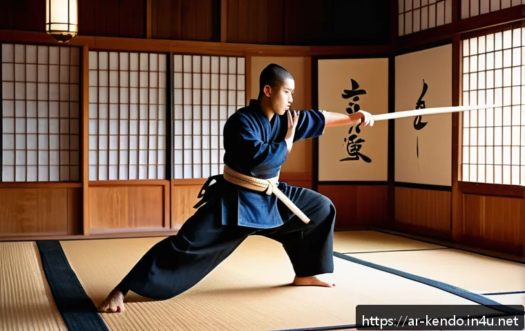 검도 기본 동작 연습법 - A focused young Arab male kendo practitioner wearing traditional kendo armor and uniform, practicing...