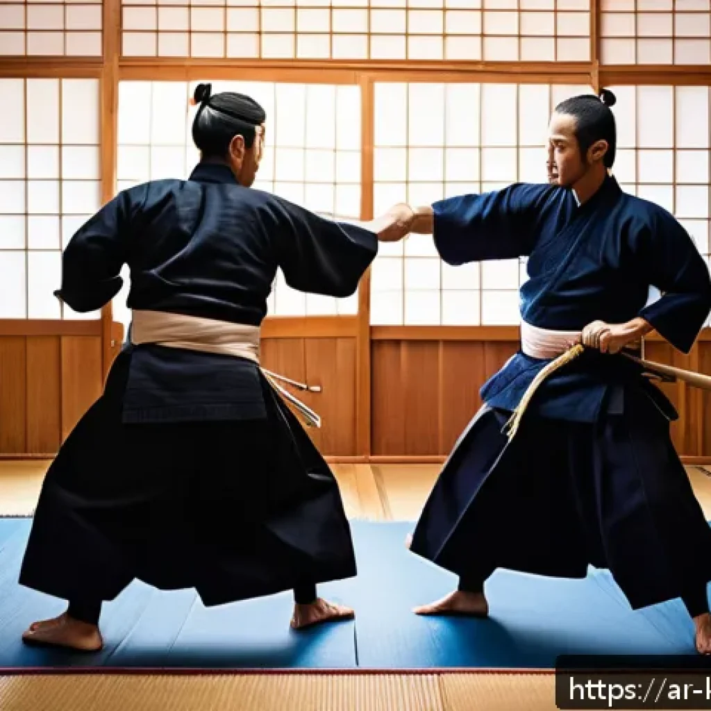 검도 겨루기 전략 - A dynamic kendo match scene set in a traditional Japanese dojo with intricate wooden flooring and so...