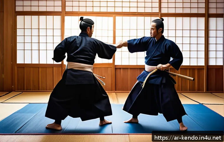 검도 겨루기 전략 - A dynamic kendo match scene set in a traditional Japanese dojo with intricate wooden flooring and so...