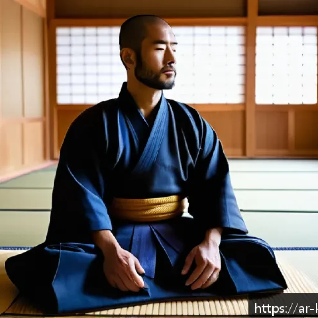 검도 고수의 습관 - A serene scene of an Arabic male kendo practitioner in traditional armor, sitting cross-legged on a ...