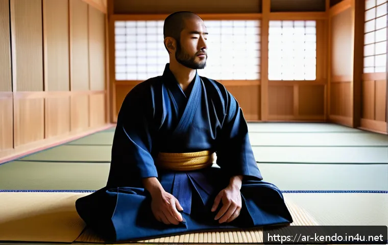 검도 고수의 습관 - A serene scene of an Arabic male kendo practitioner in traditional armor, sitting cross-legged on a ...