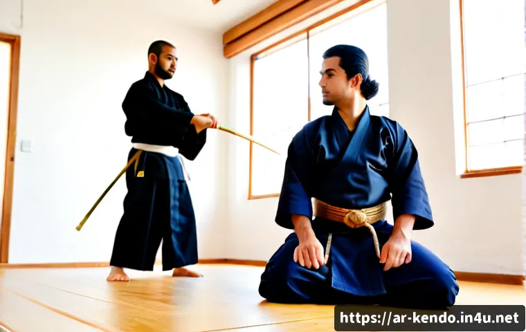 Home 17 검도 기초 수업 리뷰 - Photorealistic beginner kendo lesson in a clean modern dojo in an Arab city, young adult Arab studen...