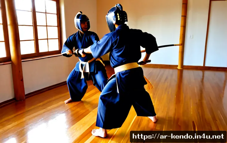 검도 겨루기 연습법 - Photorealistic indoor kendo dojo training session, two adult Arab martial artists in full traditiona...