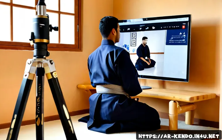 검도 소셜미디어 운영 팁 - Photorealistic kendo social media content planning scene, young Arab male kendo practitioner in full...