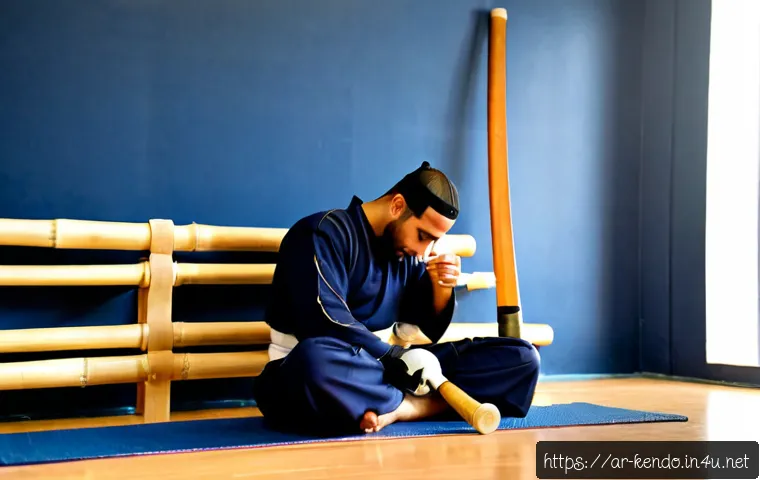 검도 시합 후 회복법 - Photorealistic post-kendo recovery scene in a quiet modern sports hall in an Arab city, exhausted ad...