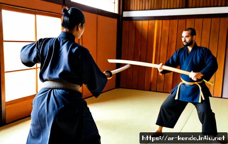 검도 방어 타이밍 - Photorealistic kendo training scene in a modern Middle Eastern dojo, two adult practitioners in full...
